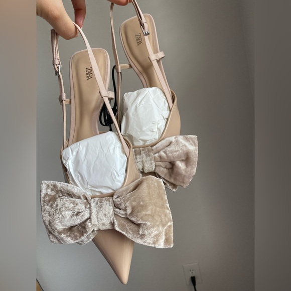 Zara Patent Pointed toe Flat Slingback Shoes Velvet Bow Tan 6.5 37 NWT - Picture 11 of 15